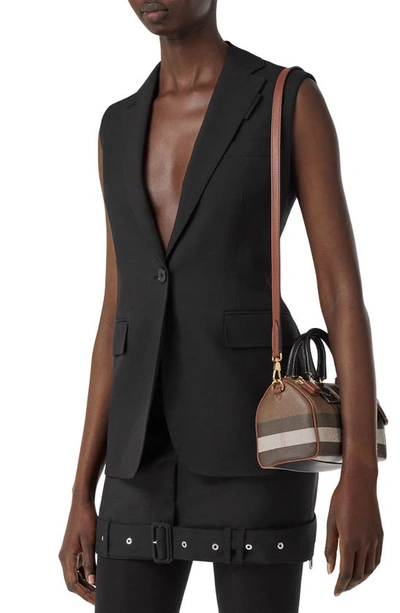 Burberry Womens Dark Birch Brown Chk Check-print Mini Woven And Leather Top-handle Bowling Bag