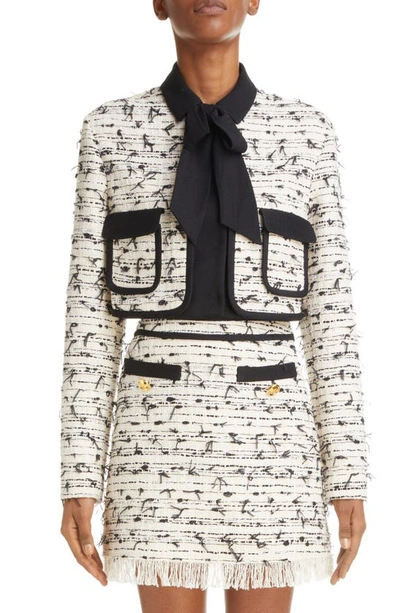Shop Giambattista Valli Bow Detail Bouclé Tweed Crop Jacket In Ivory/ Black