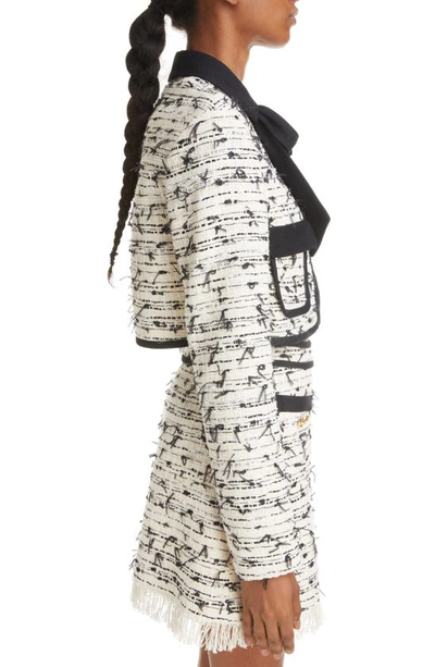 Shop Giambattista Valli Bow Detail Bouclé Tweed Crop Jacket In Ivory/ Black