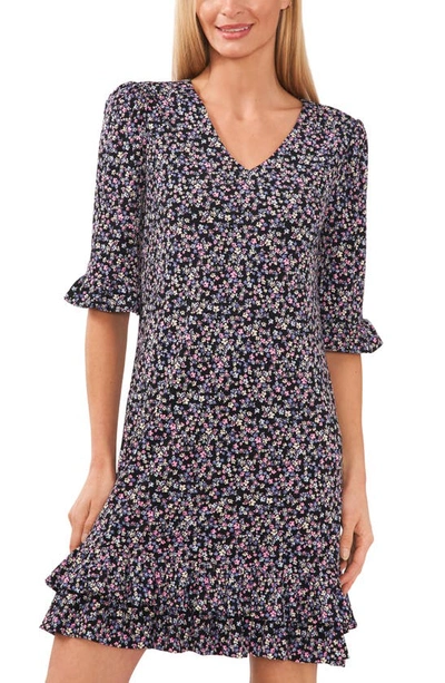 Cece Floral Print Ruffle Knit Dress In Rich Black