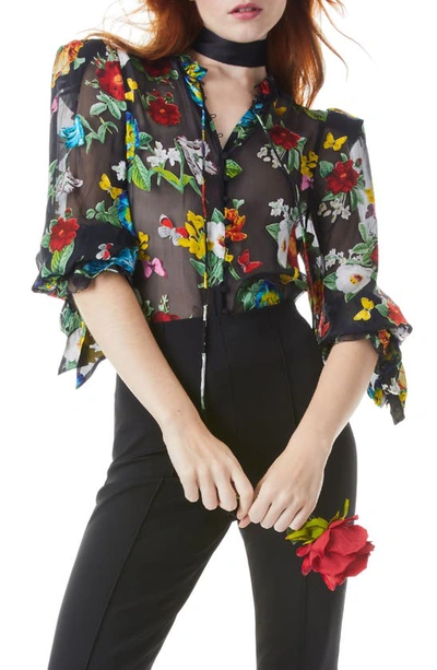 Shop Alice And Olivia Julius Floral Print Tie Sleeve Blouse In Atrium Floral Black