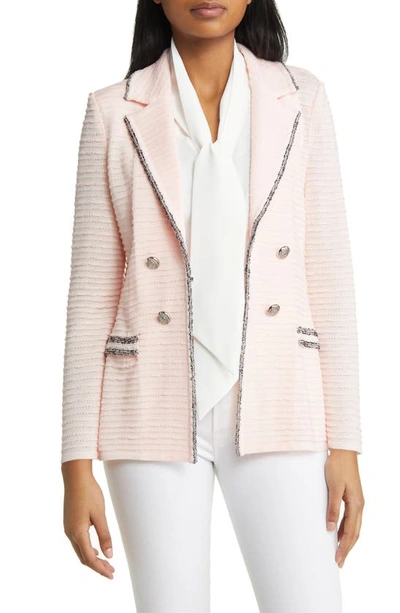 Shop Ming Wang Contrast Trim Textured Knit Blazer In Pink Satin/ Black/ White