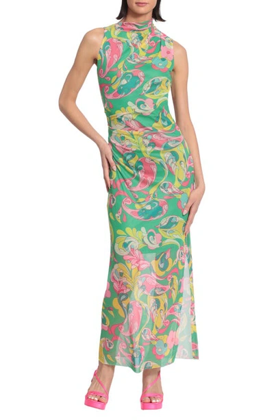 Shop Donna Morgan For Maggy Asymmetric Ruched Semisheer Midi Dress In Absinthe Green/ Pink
