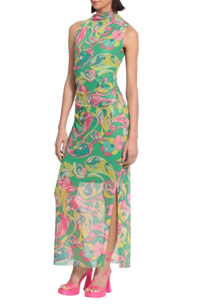 Shop Donna Morgan For Maggy Asymmetric Ruched Semisheer Midi Dress In Absinthe Green/ Pink