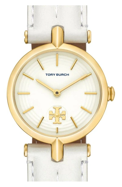 Shop Tory Burch The Kira Leather Strap Watch, 30mm In Ivory/ Gold