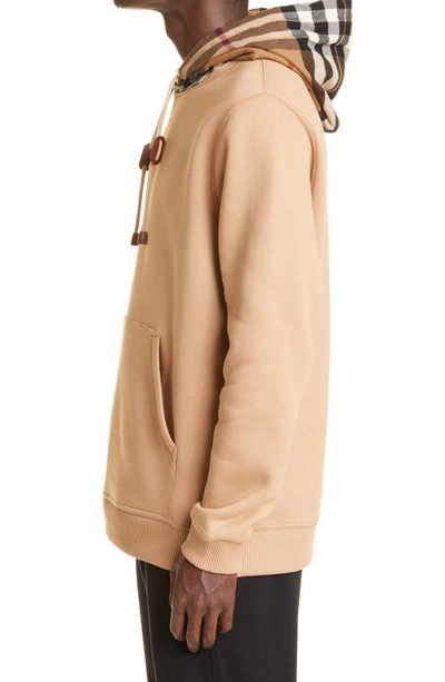 Shop Burberry Check Cotton Blend Hoodie In Camel