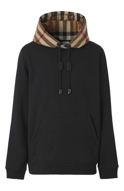 Shop Burberry Check Cotton Blend Hoodie In Black