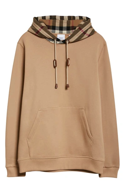 Shop Burberry Check Cotton Blend Hoodie In Camel