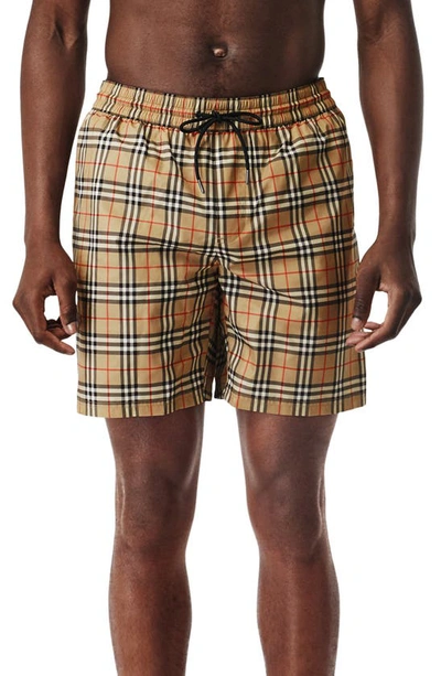 Shop Burberry Guildes Vintage Check Swim Trunks In Archive Beige