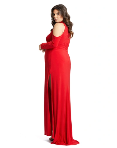 Shop Mac Duggal High Neck Long Sleeve Cold Shoulder Jersey Gown In Red