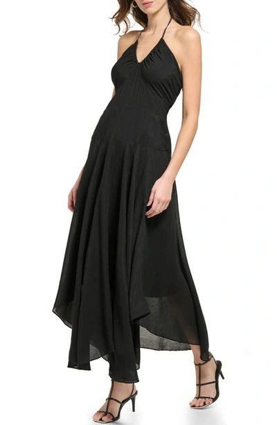 Shop Dkny Halter Neck Crinkle Rayon Maxi Dress In Black