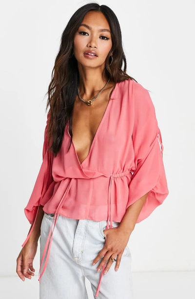 Shop Asos Design Ruched Shoulder Blouse In Light Pink