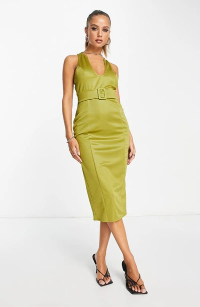 Shop Asos Design U-neck Belted Satin Midi Dress In Medium Green