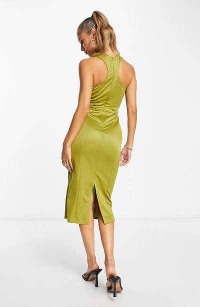 Shop Asos Design U-neck Belted Satin Midi Dress In Medium Green