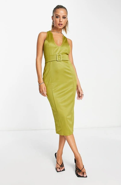 Shop Asos Design U-neck Belted Satin Midi Dress In Medium Green