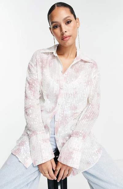 Shop Asos Design Tie Dye Sequin Button-up Shirt In Pink