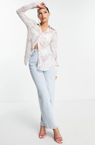 Shop Asos Design Tie Dye Sequin Button-up Shirt In Pink