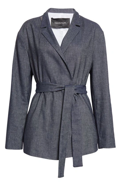 Shop Fabiana Filippi Belted Cotton & Linen Blend Jacket In Blu Denim