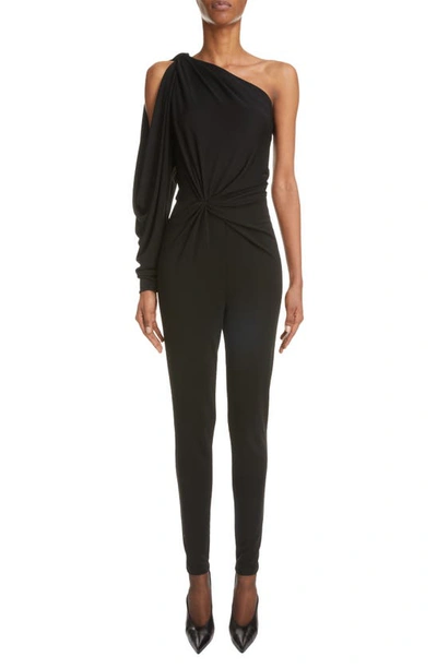 Shop Saint Laurent One-shoulder Jersey Jumpsuit In Noir
