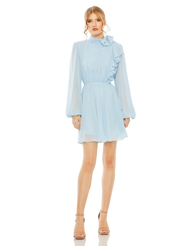 Shop Mac Duggal Draped High Neck Long Sleeve Mini Dress In Powder Blue