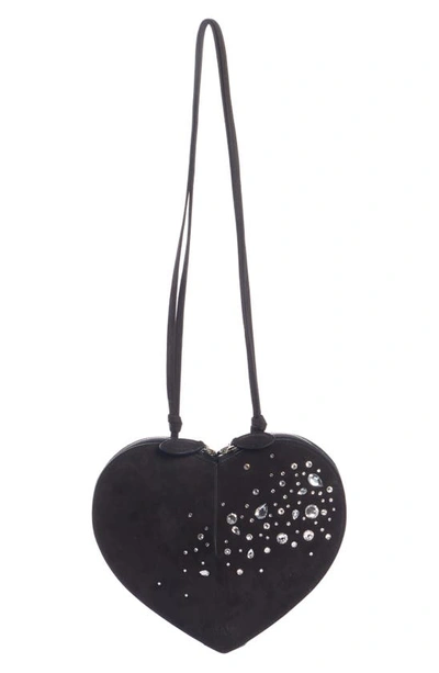 Shop Alaïa Le Coeur Crystal Embellished Suede Crossbody Bag In Noir