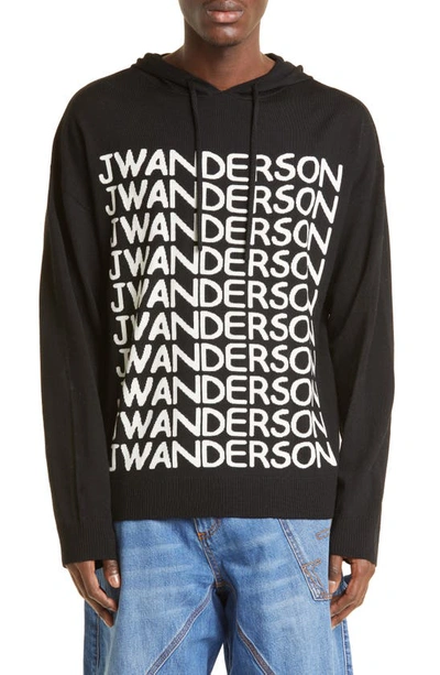 Shop Jw Anderson Repeat Logo Wool Sweater Hoodie In Black/ White