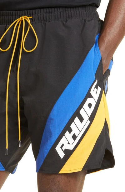 Shop Rhude Hydro Logo Swim Trunks In Black/ Blue/ Yellow 1362