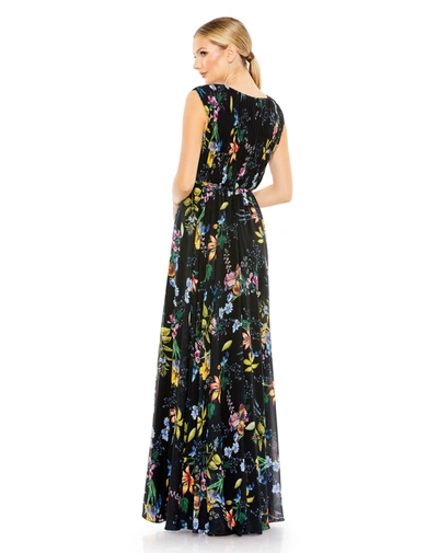 Shop Mac Duggal Pleated Floral Cap Sleeve A Line Gown In Black Multi