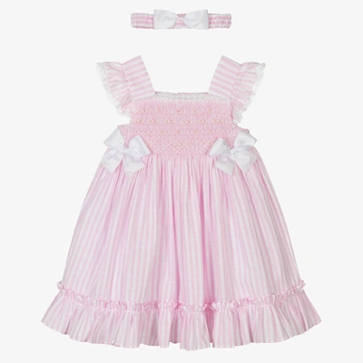 Babies Girls Pink Striped Smocked Dress Set