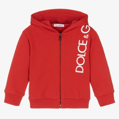 Shop Dolce & Gabbana Boys Red & White Logo Zip-up Hoodie
