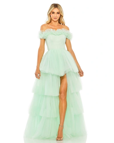 Shop Mac Duggal Off-the-shoulder High-low Tulle Gown In Mint