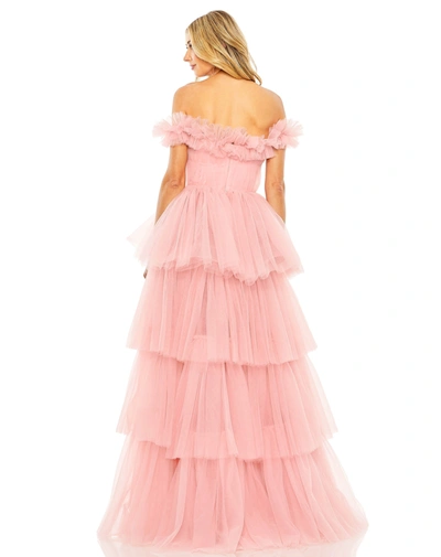 Shop Mac Duggal Off-the-shoulder High-low Tulle Gown In Pink