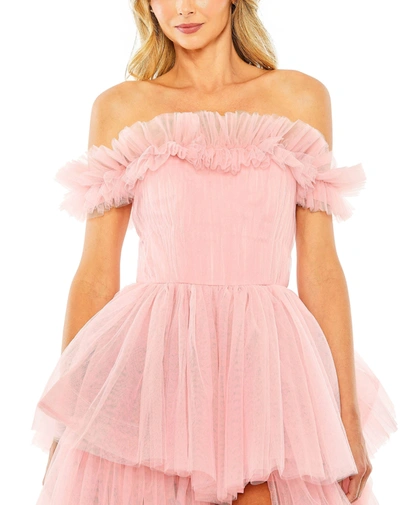 Shop Mac Duggal Off-the-shoulder High-low Tulle Gown In Pink