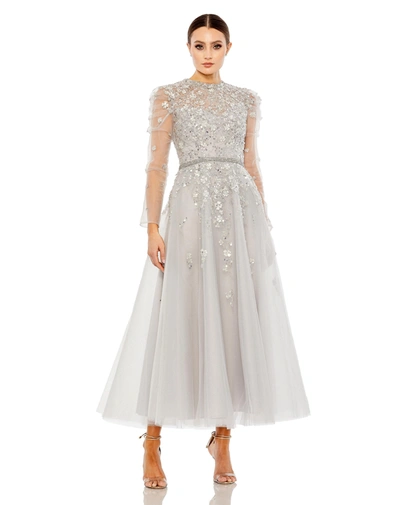 Shop Mac Duggal Embellished Gathered Long Sleeve A-line Gown In Platinum