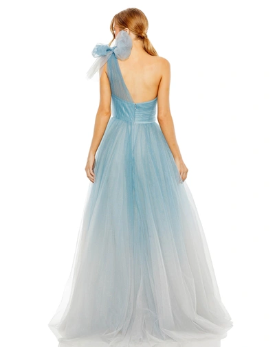 Mac Duggal Glitter One-shoulder Ombre Gown With Bow In Blue