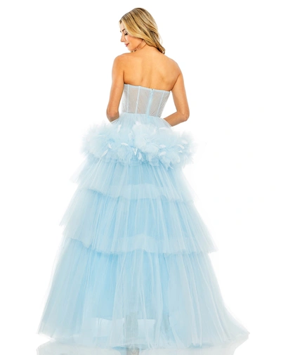 Shop Mac Duggal Strapless Tulle Gown With Feather Detail In Ice Blue