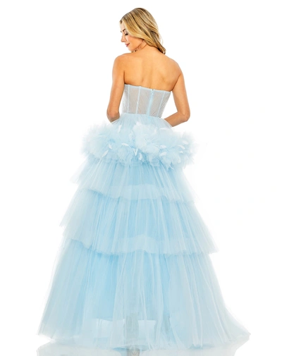 Mac Duggal Feather-trimmed Tulle Ballgown With Sweetheart Neck And Tiered Skirt In Ice Blue