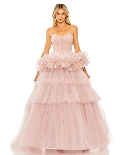 Shop Mac Duggal Strapless Tulle Gown With Feather Detail In Rose