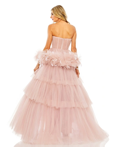 Shop Mac Duggal Strapless Tulle Gown With Feather Detail In Rose