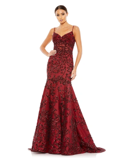 Shop Mac Duggal Sequined Illusion Corset Trumpet Gown In Burgundy