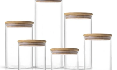 Joyjolt Set Of 6 Multisize Glass Jars With Airtight Bamboo Lids In Clear