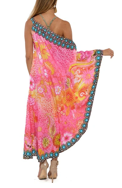 Shop Ranee's Crystal Embellished Floral Print One-shoulder Dress In Pink