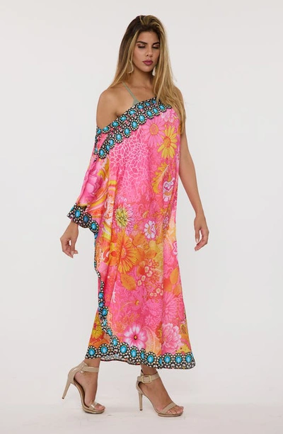 Shop Ranee's Crystal Embellished Floral Print One-shoulder Dress In Pink