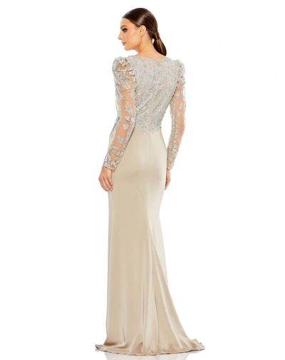Shop Mac Duggal Embellished Faux Wrap Illusion Puff Sleeve Gown In Taupe