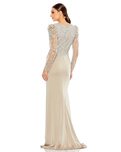 Mac Duggal Embellished Faux Wrap Illusion Puff Sleeve Gown In Taupe