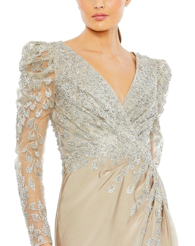 Mac Duggal Embellished Faux Wrap Illusion Puff Sleeve Gown In Taupe