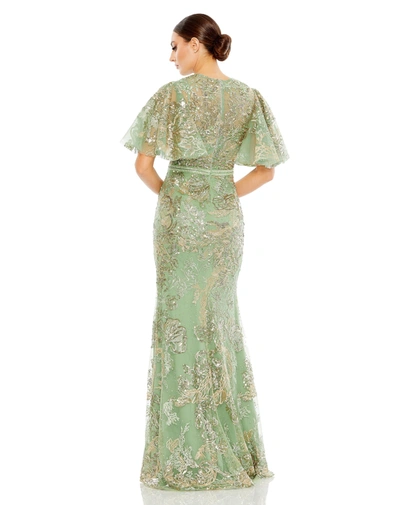 Shop Mac Duggal Embellished Flutter Sleeve High Neck Gown In Sage
