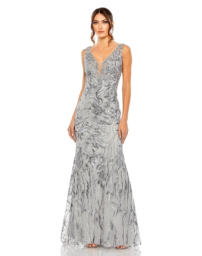Mac Duggal Sleeveless High Neck Embroidered Gown In Charcoal
