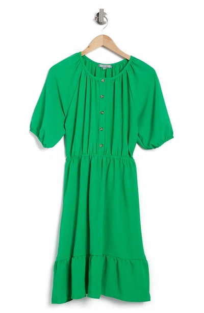 Shop Good Luck Gem Shirred Puff Sleeve Button Front Placket Midi Dress In Ultra Kelly