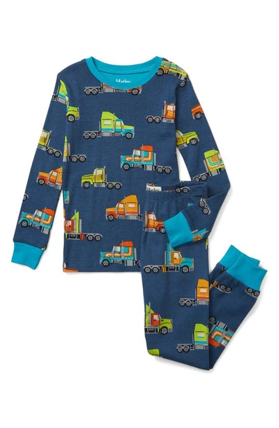 Shop Hatley Kids' Big Rig Fitted Two-piece Cotton Pajamas In Ensign Blue